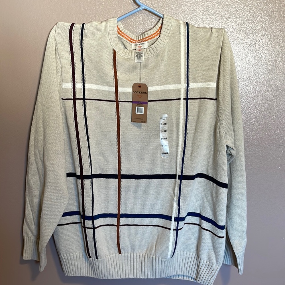 DOCKERS Beige Navy Brown Maroon Strip Front Crew Neck Sweater Size XX-LARGE